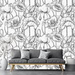 Black and White Poppy Floral Wallpaper