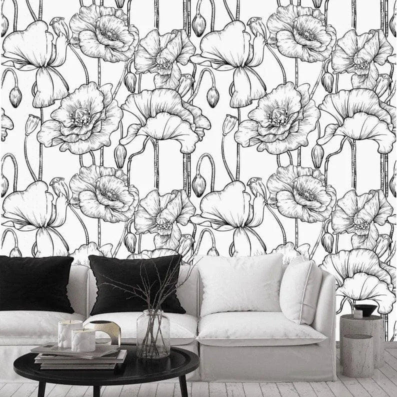 Black and White Poppy Floral Wallpaper