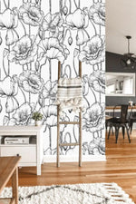 Black and White Poppy Floral Wallpaper