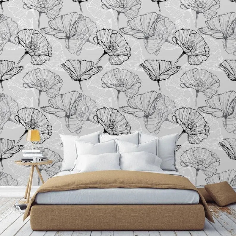 Black and White Poppy Floral Wallpaper