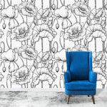 Black and White Poppy Floral Wallpaper