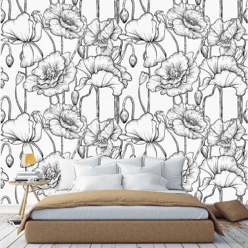 Black and White Poppy Floral Wallpaper