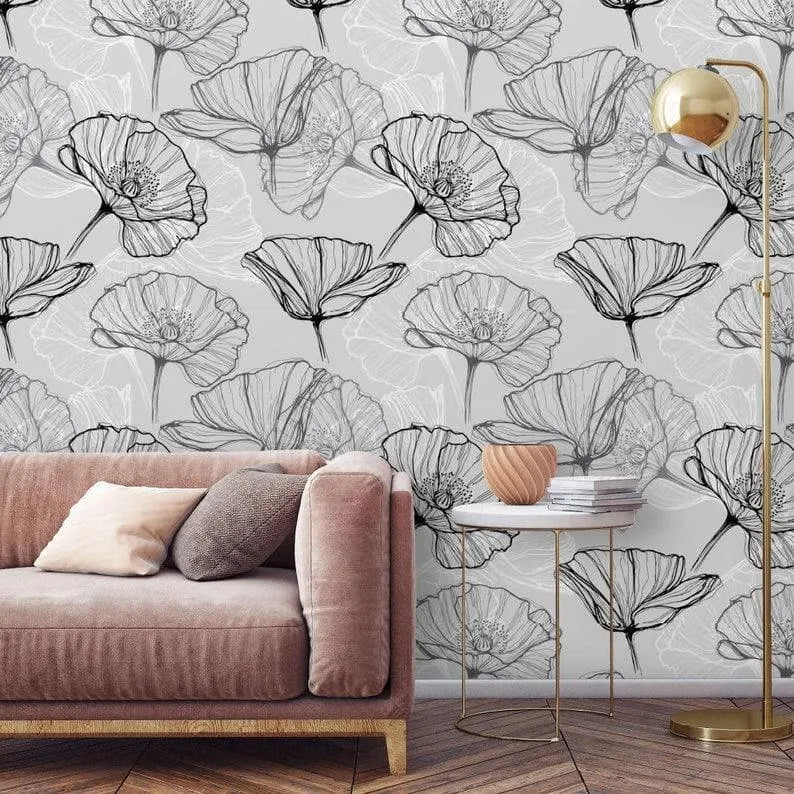 Black and White Poppy Floral Wallpaper