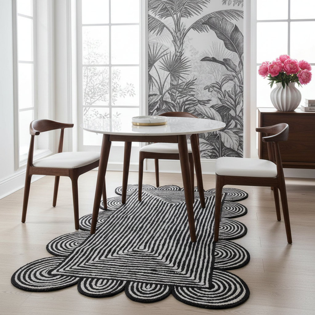 Dining room with a round table and chairs on a black and white jute rug.