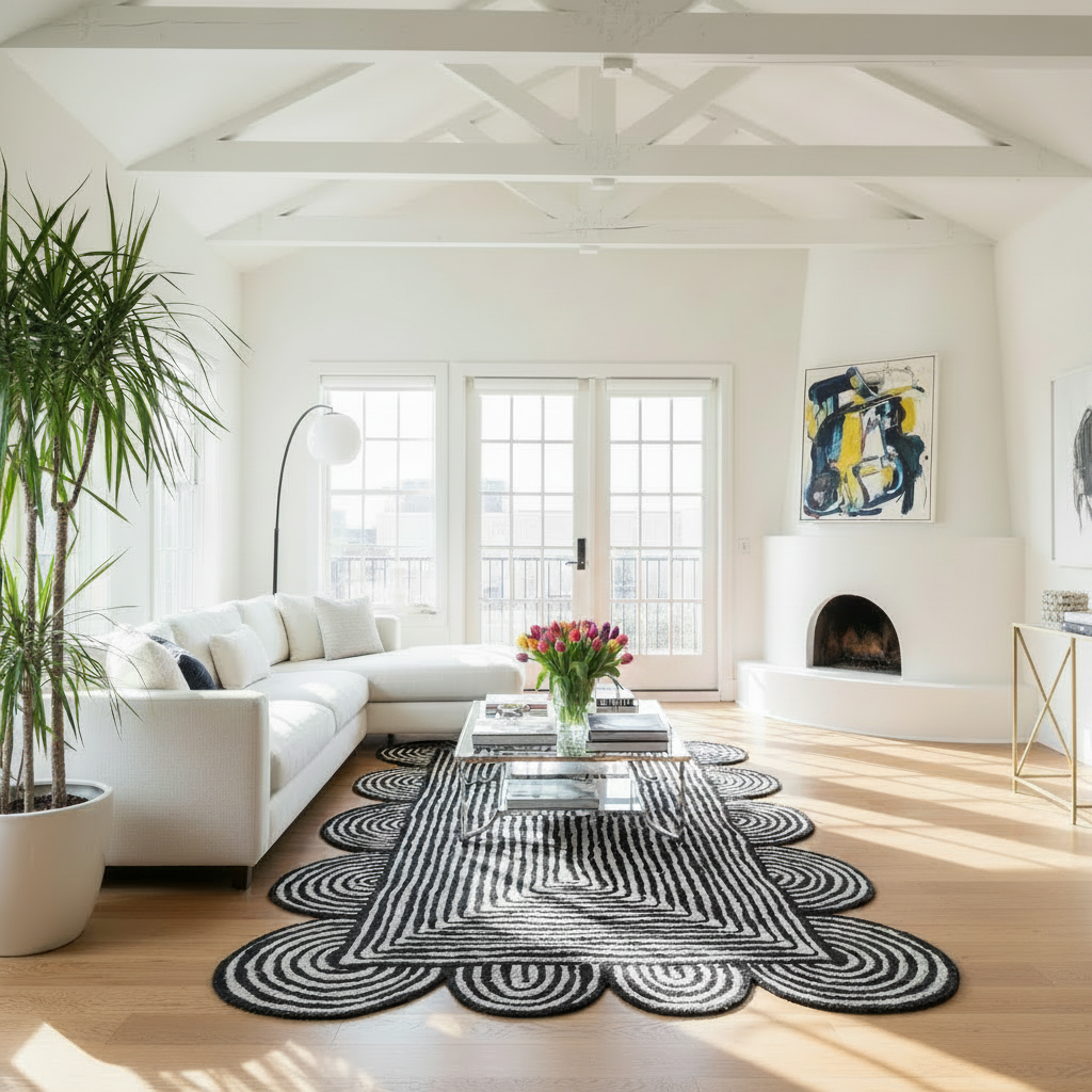 Modern living room with white sofa, decorative jute rug, and artwork.
