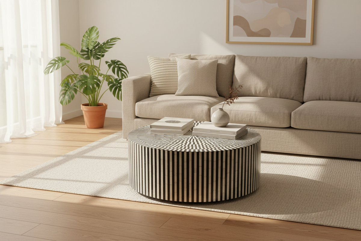 Black and white striped mother of pearl inlay round coffee table in a neutral living room with a cream sofa.