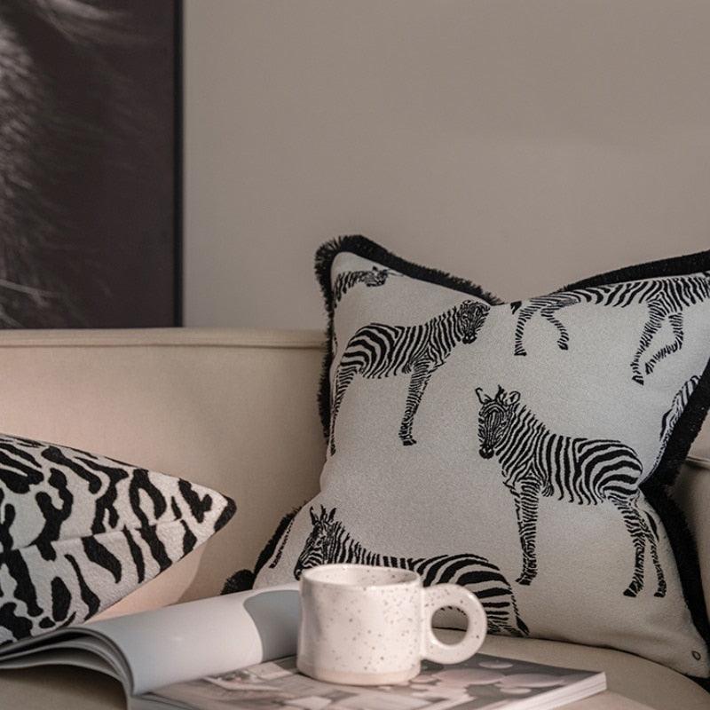 Black and White Zebra Pillow Cover with Fringes - MAIA HOMES