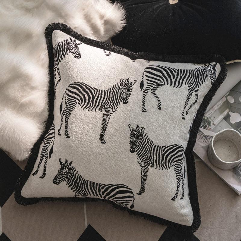 Black and White Zebra Pillow Cover with Fringes Black Zebra