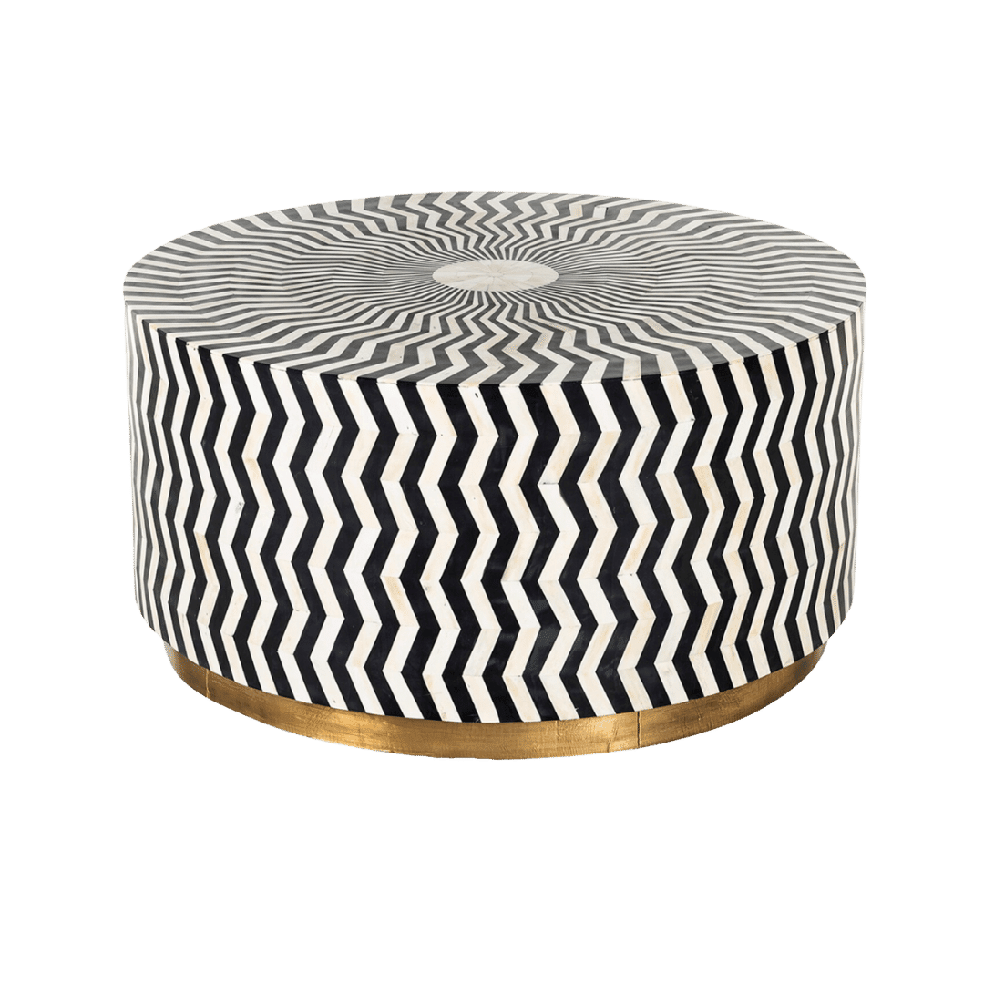 Black and White Zic Zac Bone Inlay Round Coffee Table