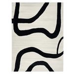 A contemporary Black Current Flow hand tufted rug, ideal for large living rooms. This wool area rug features bold black abstract lines on a cream background, perfect for adding a modern touch to any living room area.