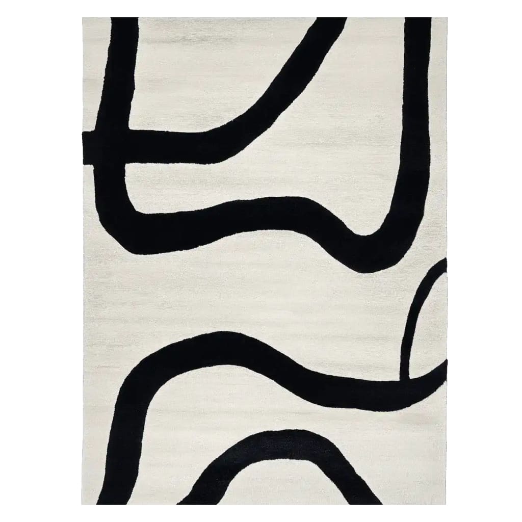 A contemporary Black Current Flow hand tufted rug, ideal for large living rooms. This wool area rug features bold black abstract lines on a cream background, perfect for adding a modern touch to any living room area.