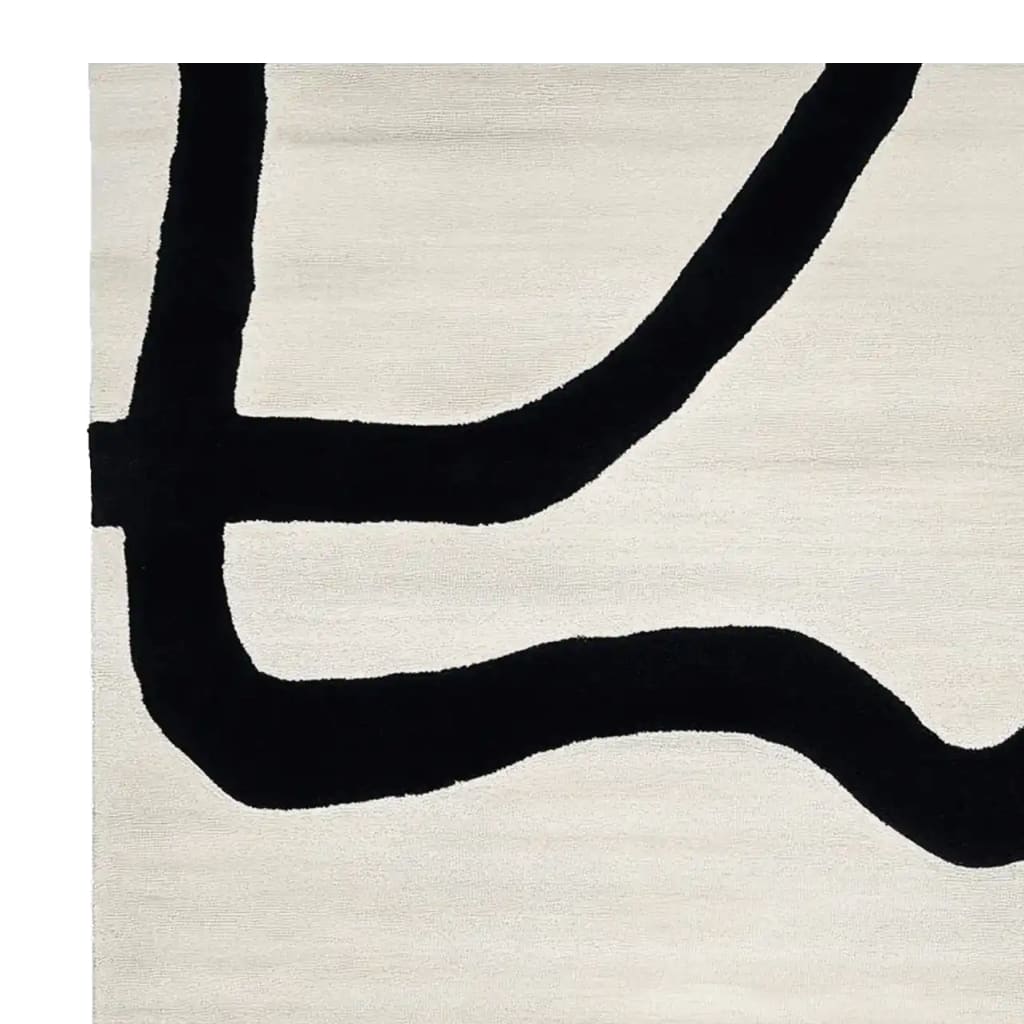 Contemporary Black Current Flow Hand Tufted Rug in a striking abstract design, showcasing bold black curves on a light background. Perfect for enhancing large living rooms, this wool rug adds a modern touch to any space.