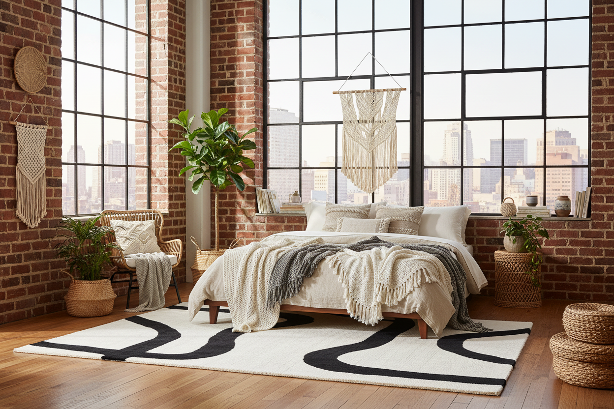 Modern bedroom with large windows, brick walls, a contemporary minimalist white and black rug, and decorative elements.