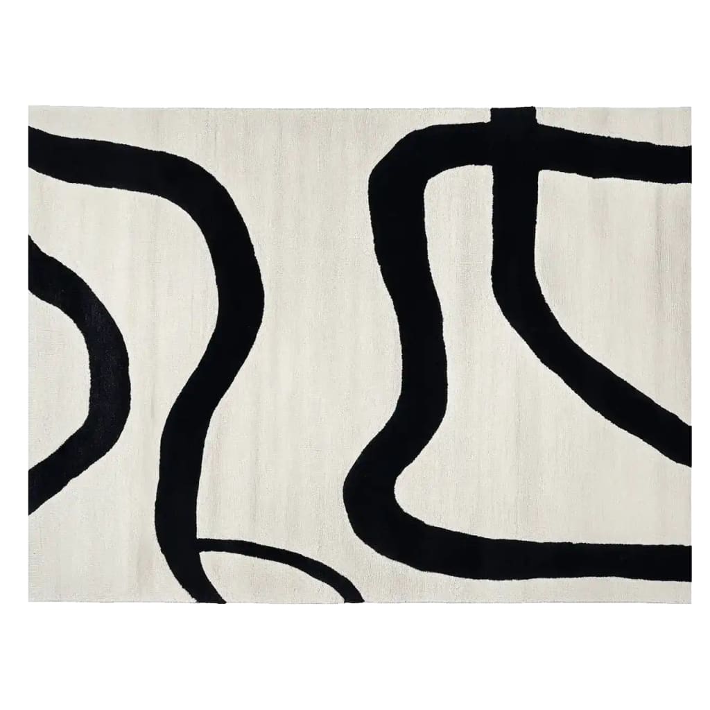A contemporary area rug featuring bold black abstract lines on a soft cream background, perfect for large living rooms. This hand-tufted wool rug adds a stylish touch to any modern space, making it an ideal choice for those seeking elegant living room area rugs.