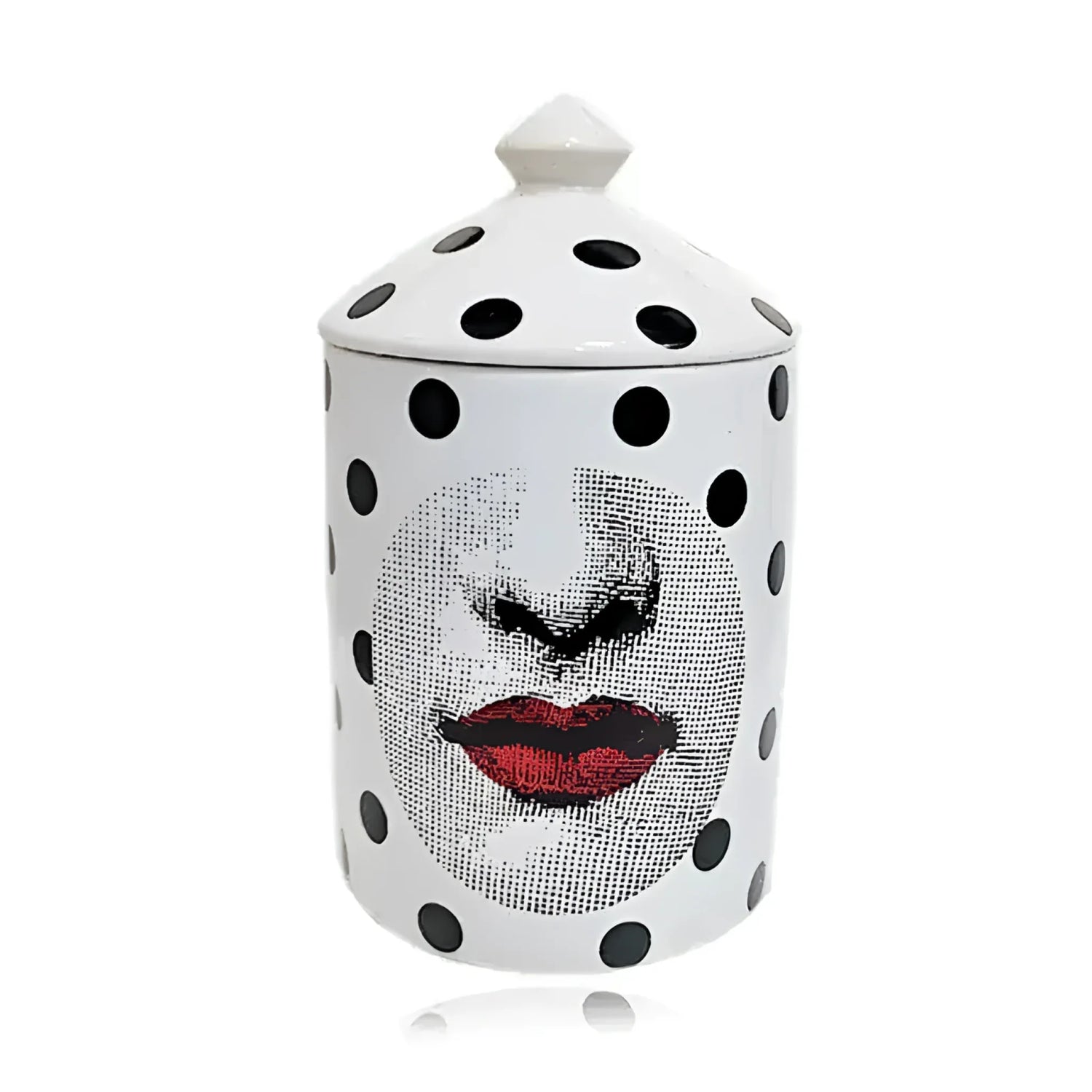 Black Dots and Red Lip Ceramic Tower Jar with Lid
