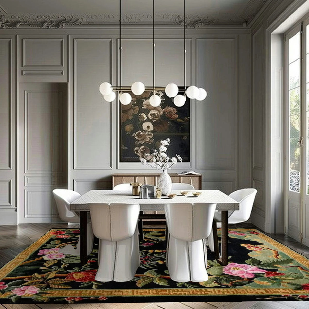 Black Floral Symphony hand-tufted rug in formal dining room — black field, bright pink tropical florals and foliage, gold border