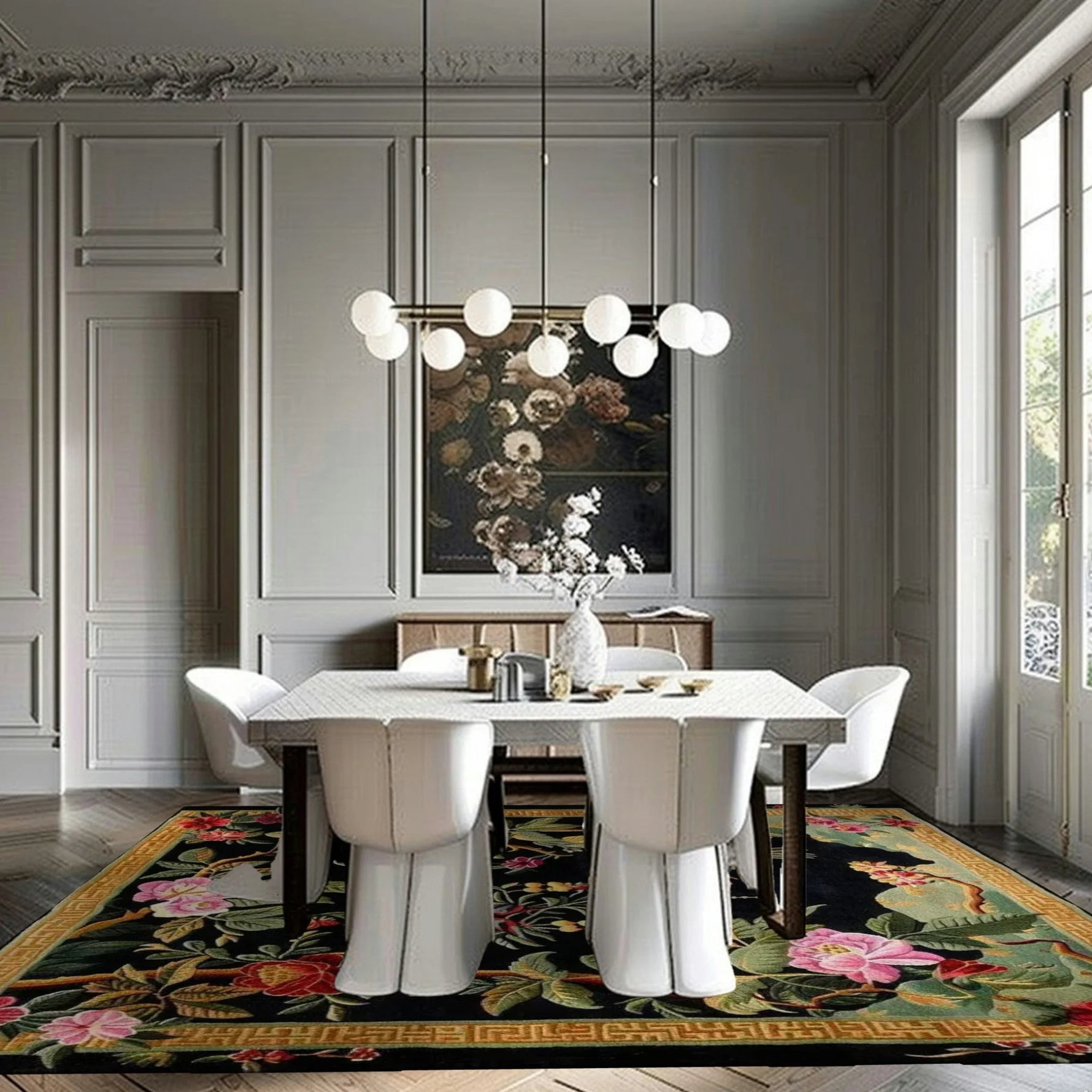 Black Floral Symphony hand-tufted rug in formal dining room — black field, bright pink tropical florals and foliage, gold border