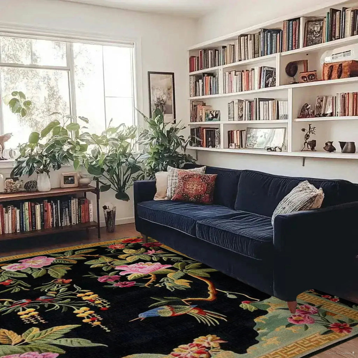 Black Floral Symphony hand-tufted rug in living room — black ground with pink, yellow, green tropical florals and birds, gold border