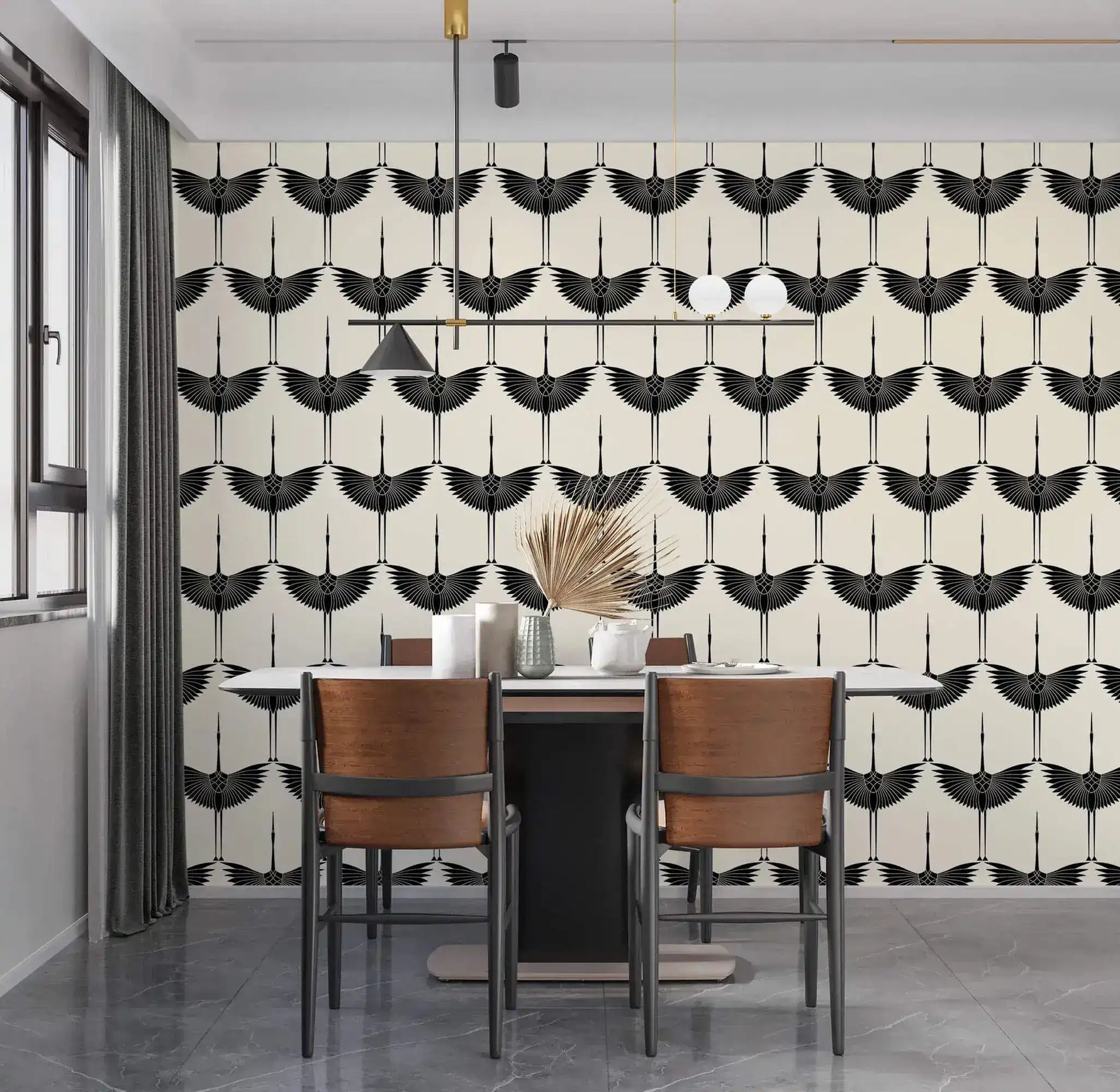 Black Heron flying-crane wallpaper on cream behind a dining table with walnut chairs