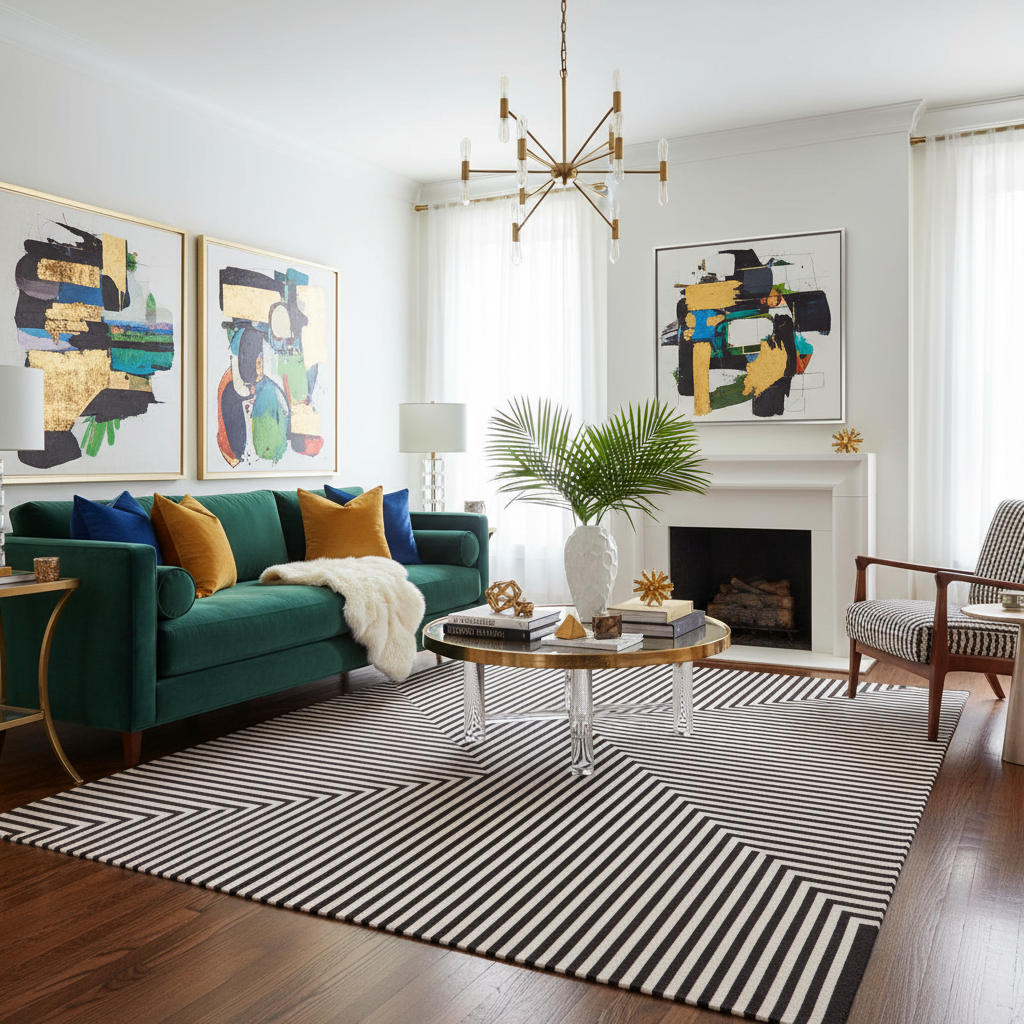 Modern living room with a green sofa, abstract art, and a striped rug.