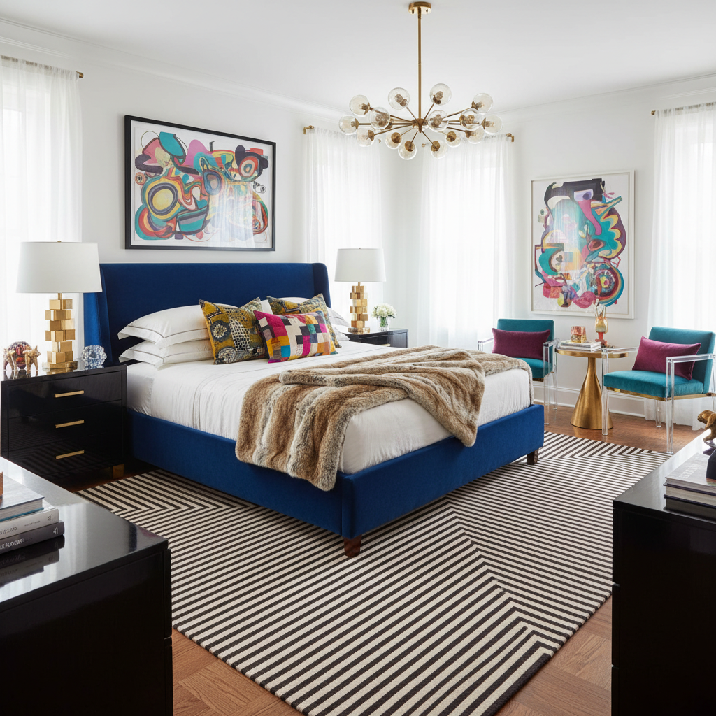 Modern bedroom with a blue bed, colorful artwork, and striped rug.