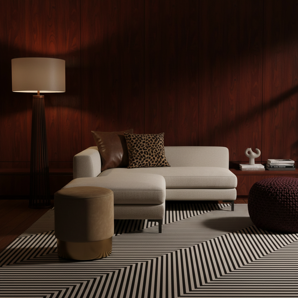 A modern beige sectional sofa with two decorative throw pillows, styled in a dark wood-paneled living room with a floor lamp, striped rug, and side table.