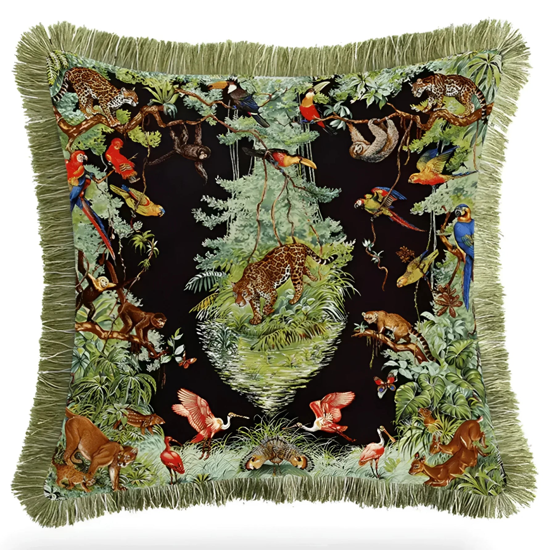 Decorative jungle animals throw pillow cover featuring a vibrant design with leopards, parrots, and various tropical flora.