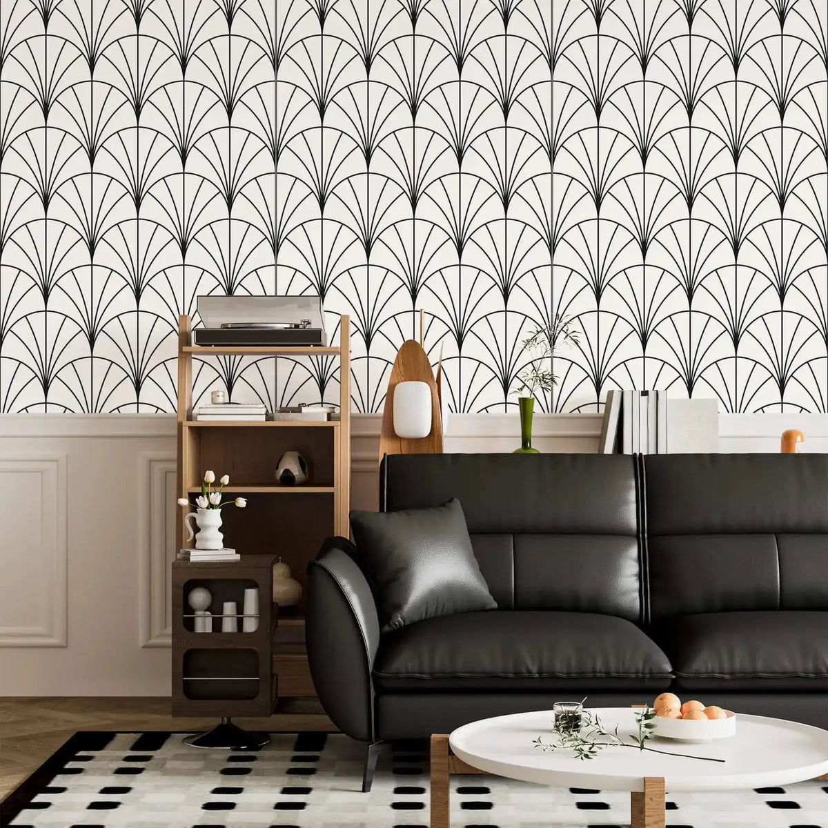 Black leather sofa and shelf against monochrome round line wallpaper, black-and-white fans