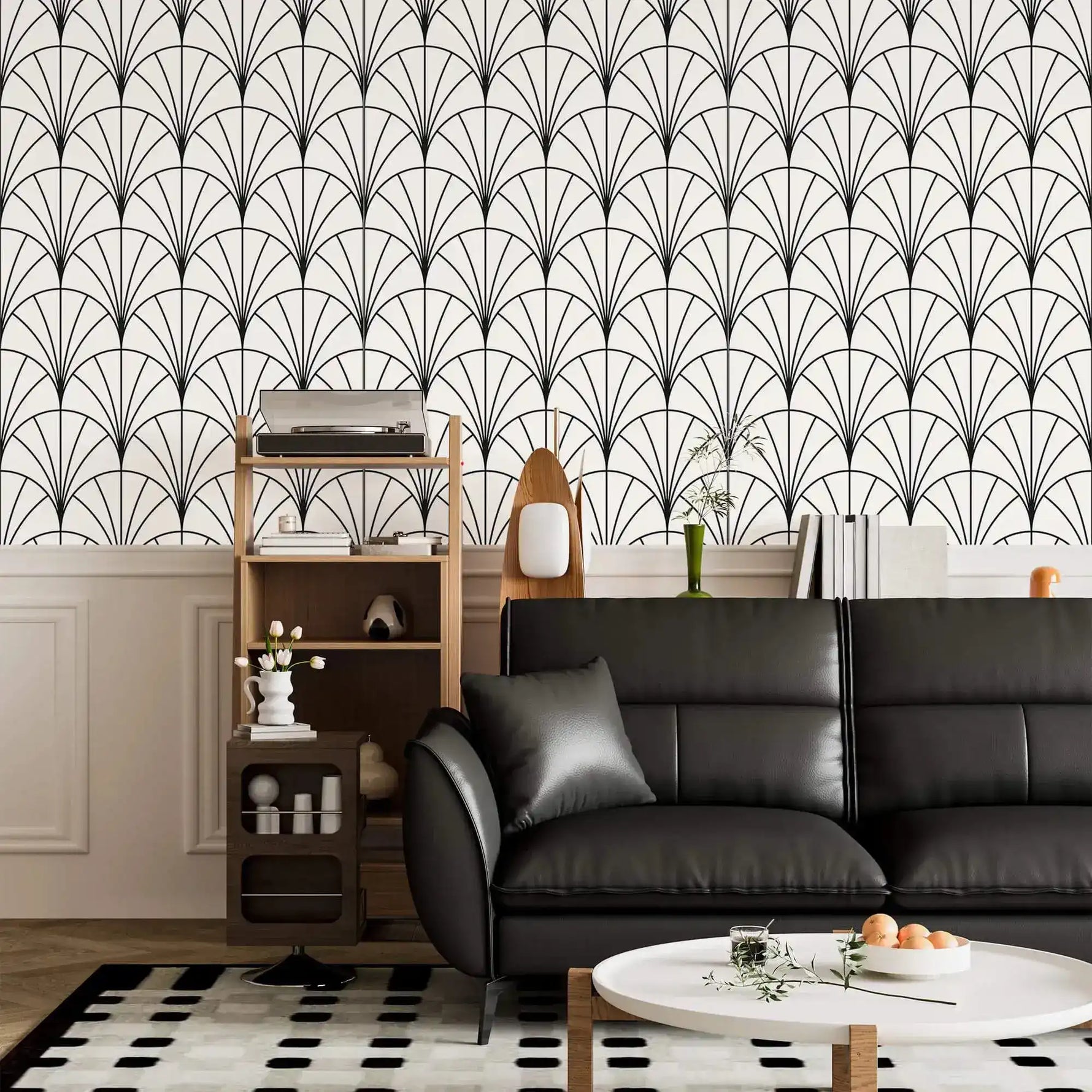 Black leather sofa and shelf against monochrome round line wallpaper, black-and-white fans