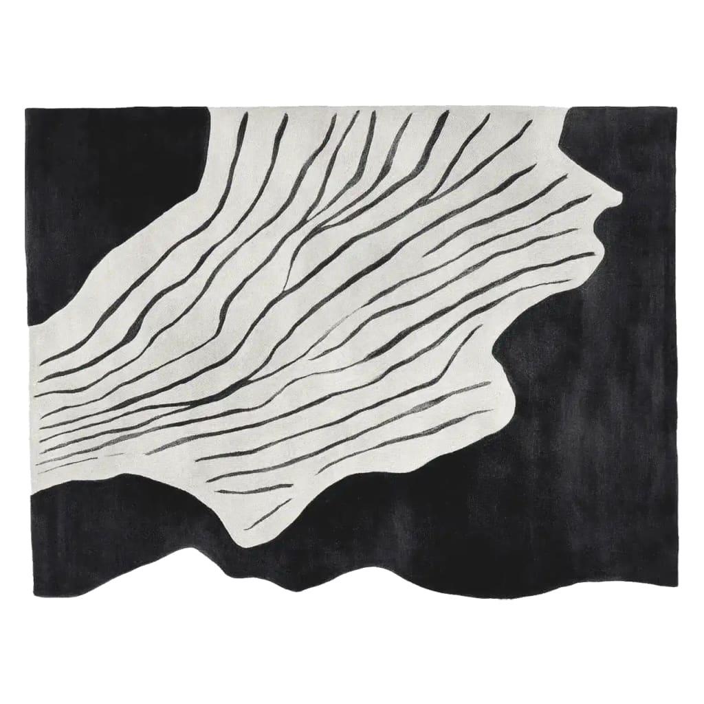 Top view of the Black White Rhythm Hand Tufted Rug, a contemporary area rug ideal for living rooms. The wool rug features an abstract black and white design with flowing lines, perfect for adding a modern touch to any space.