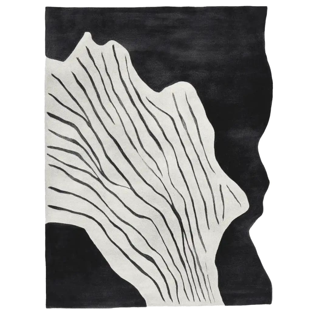 A striking Black White Rhythm Hand Tufted Area Rug featuring a bold, abstract design with flowing black lines on a white background, creating a contemporary artistic feel. Ideal for living room area rugs, this wool rug brings a touch of modern elegance to any space.