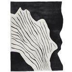 A striking Black White Rhythm Hand Tufted Area Rug featuring a bold, abstract design with flowing black lines on a white background, creating a contemporary artistic feel. Ideal for living room area rugs, this wool rug brings a touch of modern elegance to any space.