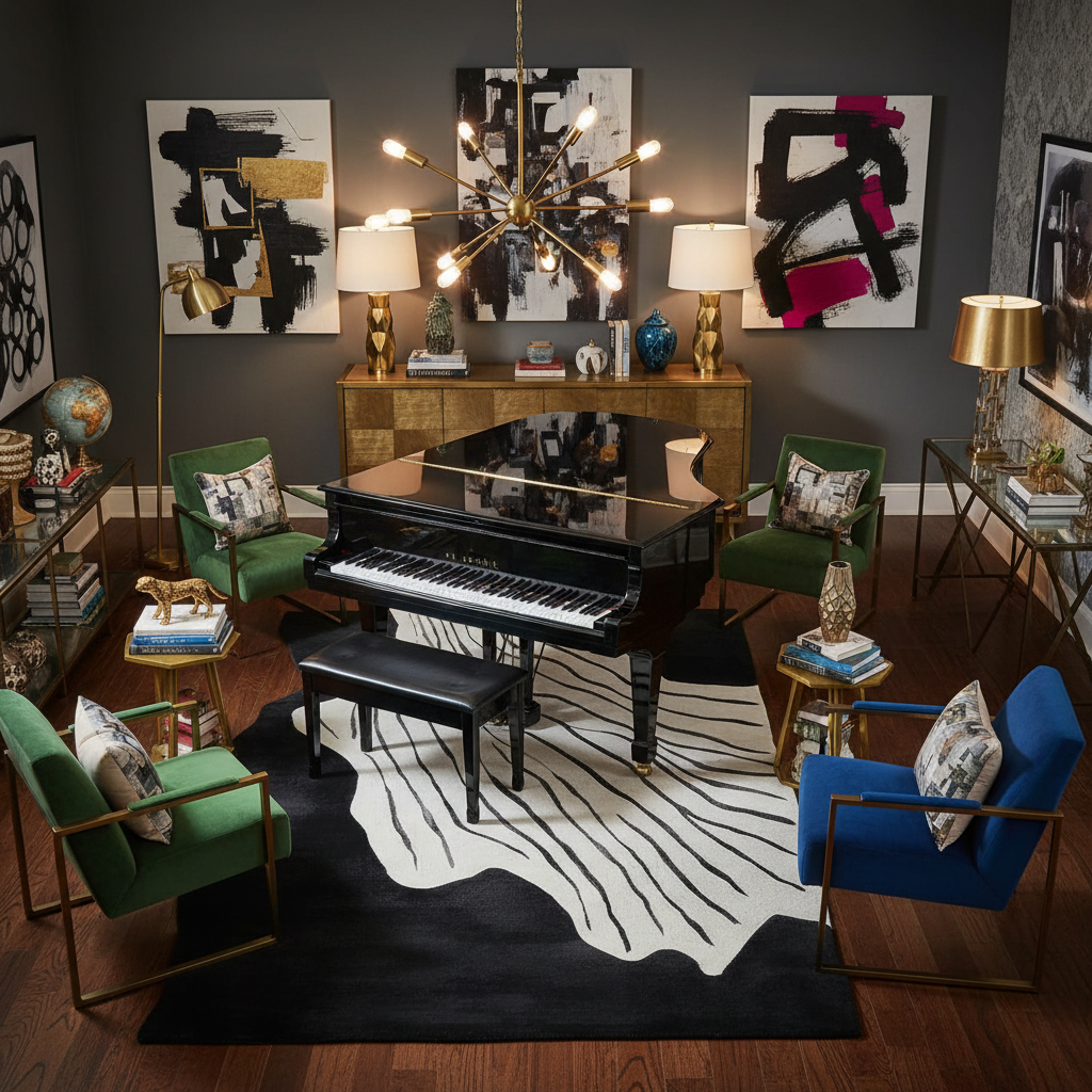 Living room with a grand piano, colorful chairs, abstract rug, and abstract art on a dark wall.