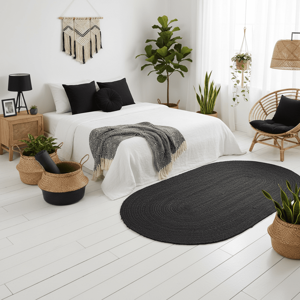 Modern bedroom with a black oval rug, white bed, and decorative plants.