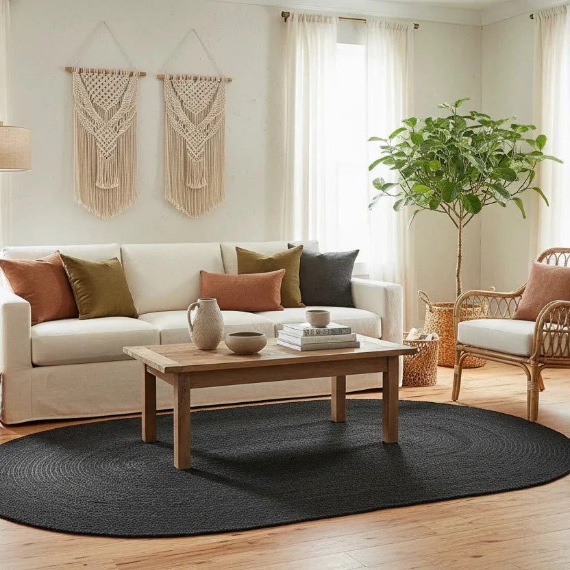 Black Woven Oval Jute Rug
