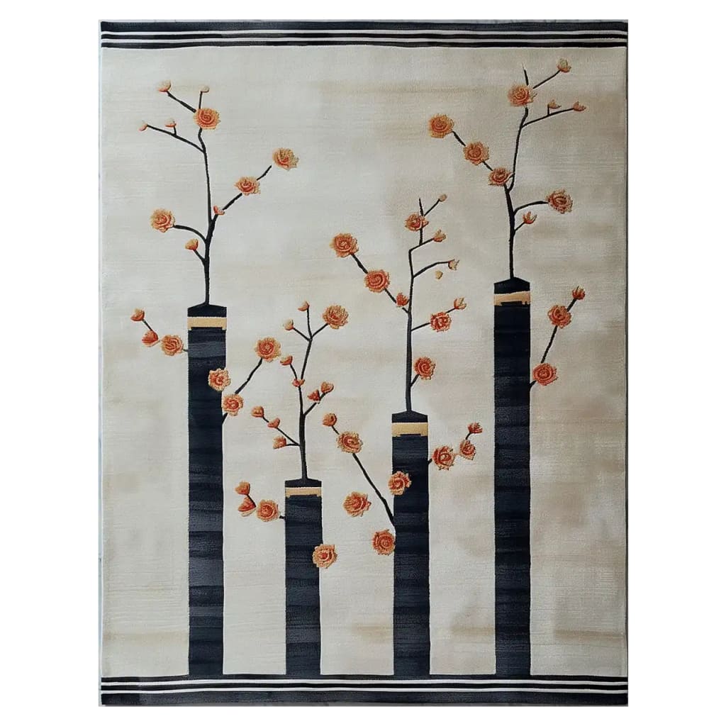 A stunning hand-tufted wool area rug featuring an elegant abstract design with tall black columns adorned with orange floral branches against a soft beige background. The intricate pattern adds a modern, artistic touch to any space.