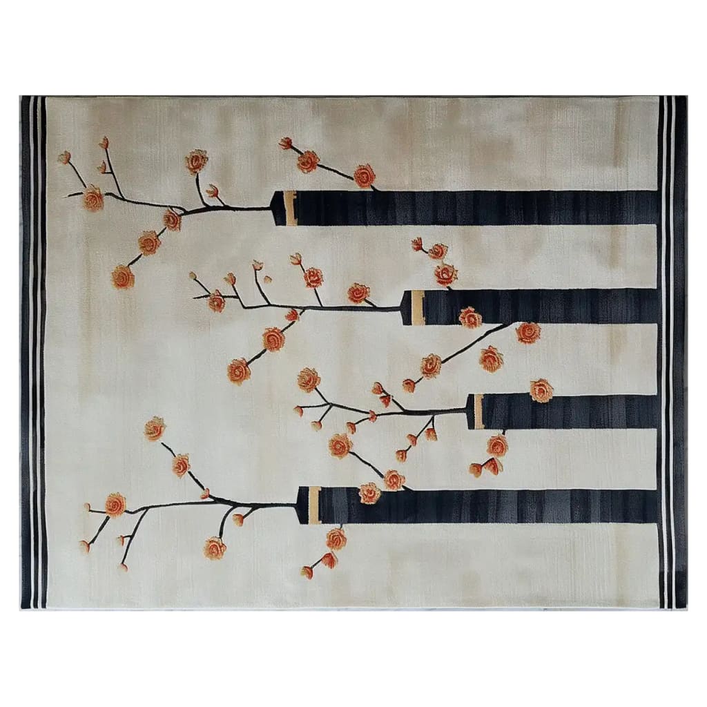 Top view of the Bleak Blooming Brilliance Hand Tufted Wool Area Rug, showcasing an elegant design with orange floral branches against a subtle beige background and bold black stripes.