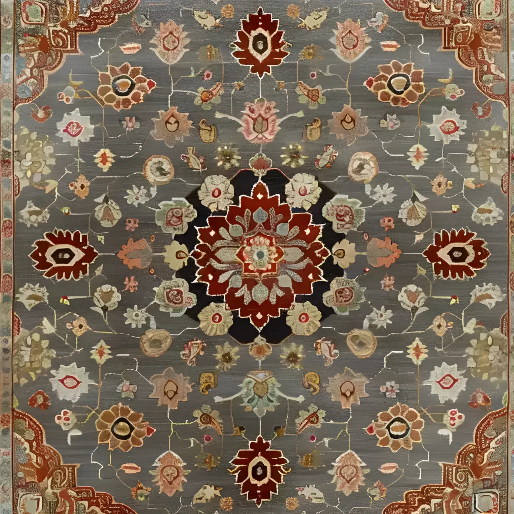 A beautifully detailed hand-knotted area rug featuring intricate Persian-inspired floral patterns in rich shades of red, brown, and beige against a soft gray background. This wool rug is perfect for adding a touch of elegance to living rooms, especially in an 8x10 size, making it a standout piece among area rugs for living rooms.