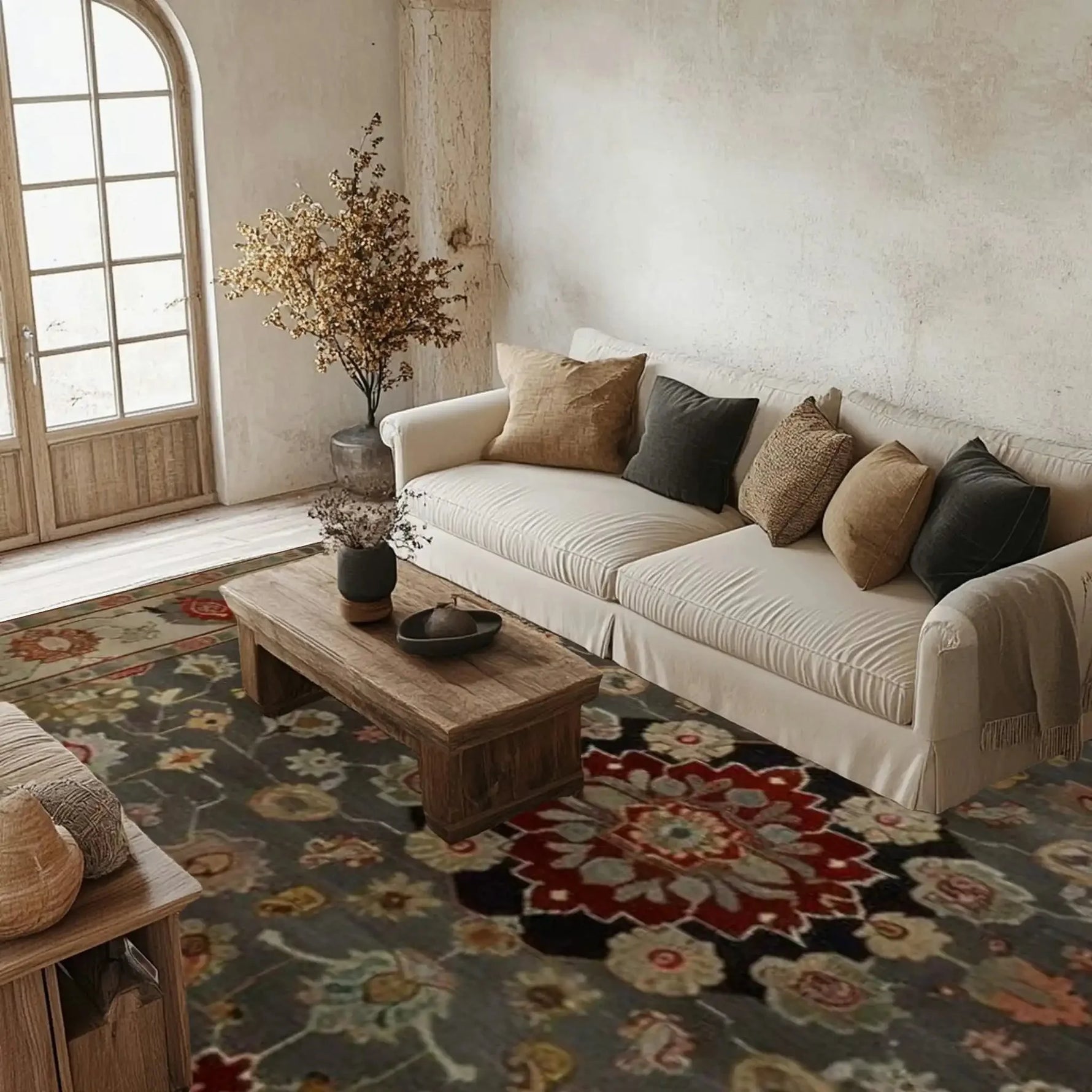 A cozy living room featuring a Blissful Bouquet Hand Knotted Area Rug, showcasing a vibrant floral pattern that adds a touch of elegance. This wool rug, reminiscent of Persian rugs, fits perfectly in a living room setting. The rug is 8x10, making it an ideal choice for area rugs in the living room. The neutral-toned sofa and wooden coffee table complement the rug's intricate design.