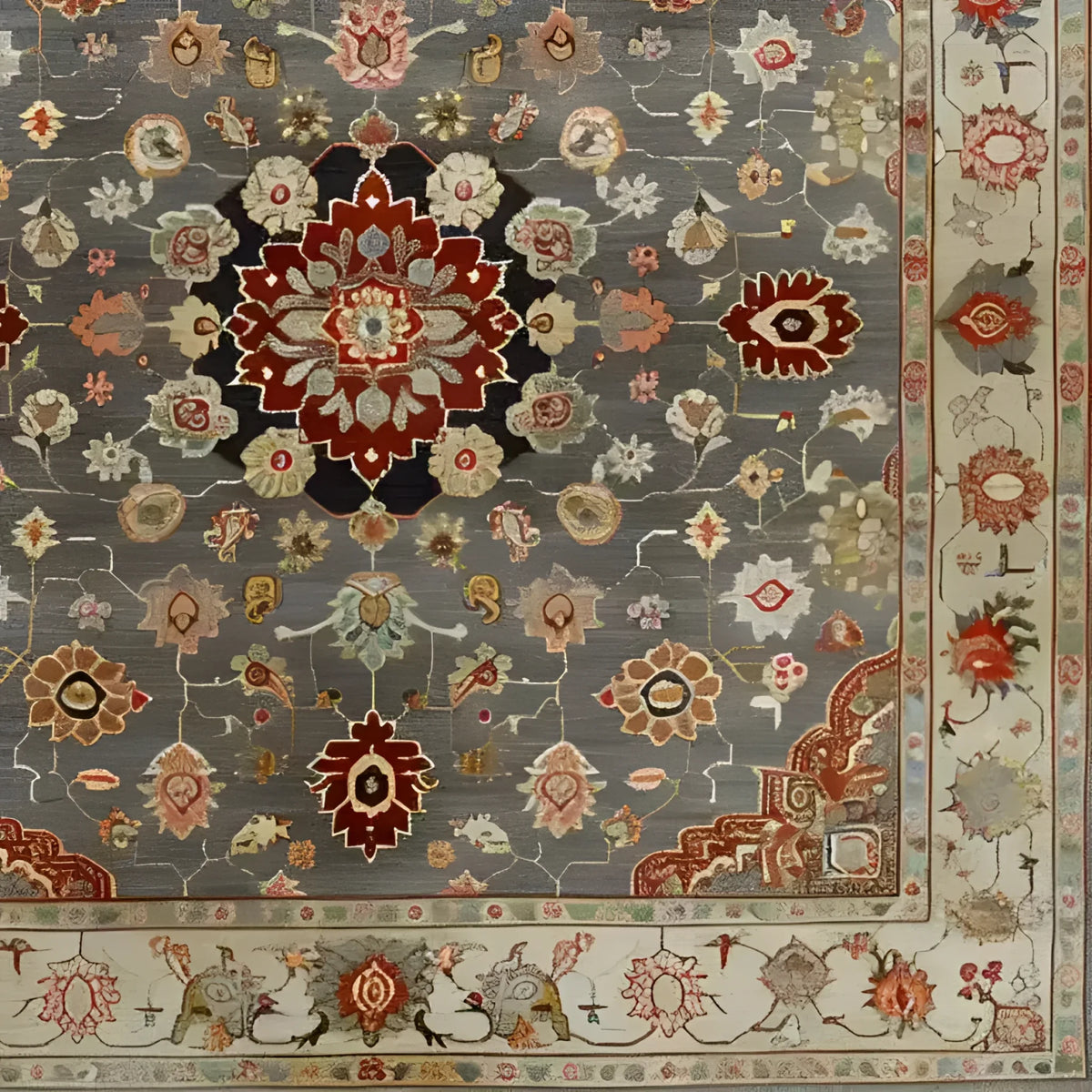 A beautifully intricate Blissful Bouquet Hand Knotted Area Rug showcasing a Persian-inspired design. The rug features ornate floral patterns with rich colors of red, gold, and beige against a gray background, ideal for enhancing any living room space. Perfect as an 8x10 wool rug, this piece is a stunning addition to area rugs for living rooms, offering both elegance and comfort.
