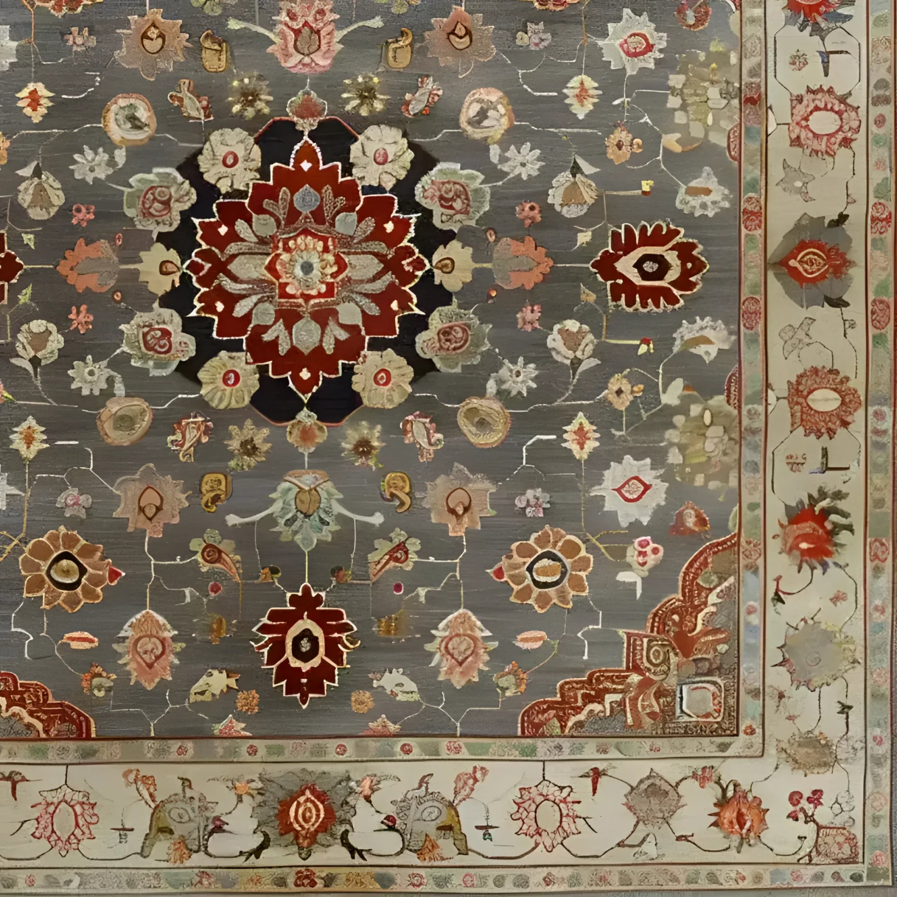 A beautifully intricate Blissful Bouquet Hand Knotted Area Rug showcasing a Persian-inspired design. The rug features ornate floral patterns with rich colors of red, gold, and beige against a gray background, ideal for enhancing any living room space. Perfect as an 8x10 wool rug, this piece is a stunning addition to area rugs for living rooms, offering both elegance and comfort.