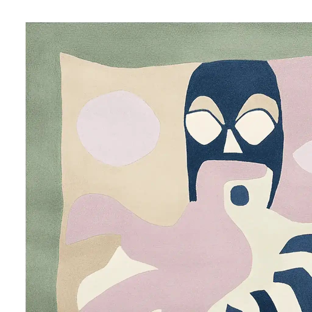 Contemporary Blocked Soul Portrait hand-tufted area rug, featuring an abstract design with muted green, beige, and navy tones. Perfect for large living rooms, this 8x10 wool rug seamlessly blends modern art with functionality, making it an ideal centerpiece for any space.