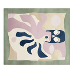 A contemporary hand-tufted area rug featuring an abstract design with soft pastel colors. This large living room rug, perfect for an 8x10 space, showcases a unique pattern with shades of pink, beige, and navy on a muted green background. Made from high-quality wool, this rug adds a modern touch to any living room decor.