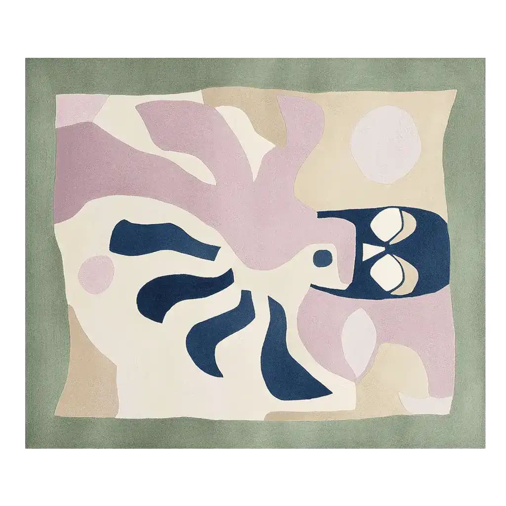 A contemporary hand-tufted area rug featuring an abstract design with soft pastel colors. This large living room rug, perfect for an 8x10 space, showcases a unique pattern with shades of pink, beige, and navy on a muted green background. Made from high-quality wool, this rug adds a modern touch to any living room decor.