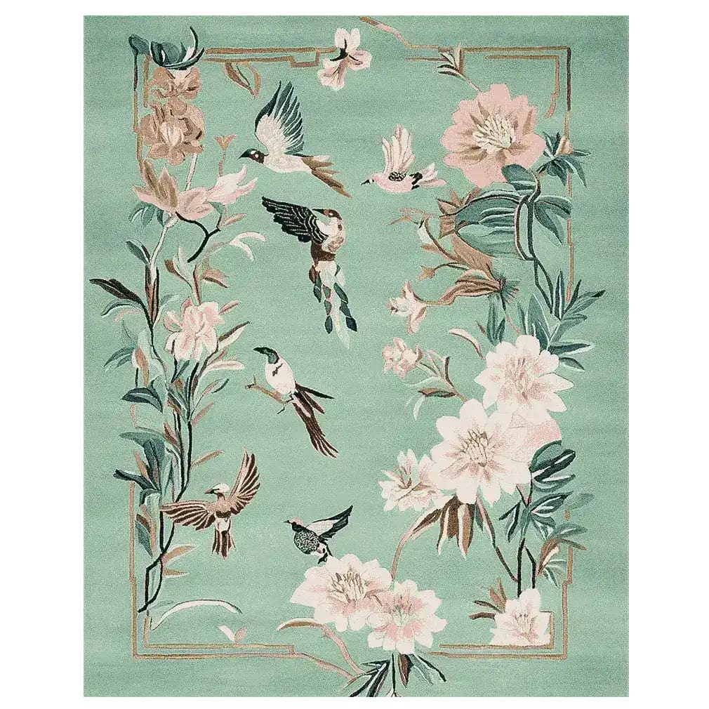Beautiful Bloom and Breeze Hand Tufted Area Rug featuring a serene floral and bird design, perfect for adding elegance to your living room. This wool rug, ideal as an 8x10 living room rug, showcases intricate details and vibrant colors, making it a standout piece among rugs for living room settings.