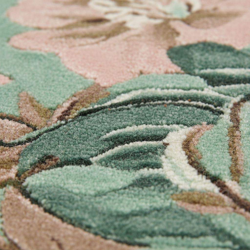 Close-up of a textured rug with floral patterns in green, pink, and brown.