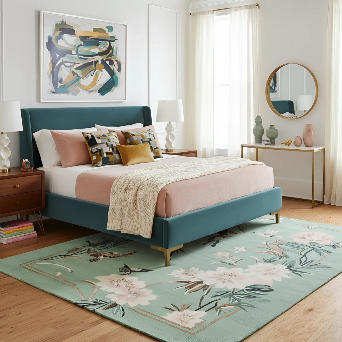 Modern bedroom with a teal bed, floral rug, and abstract art on the wall.