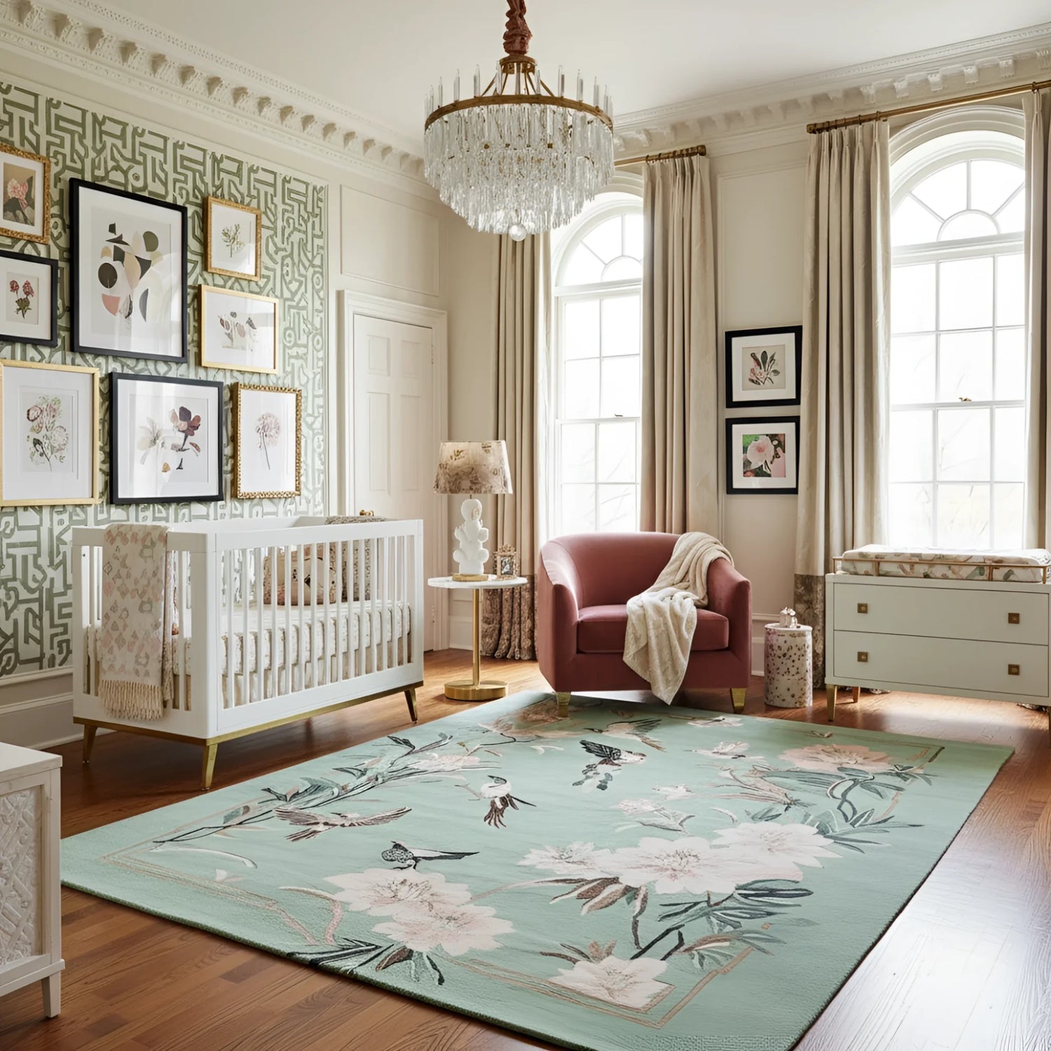 Nursery room with floral rug, crib, and armchair.