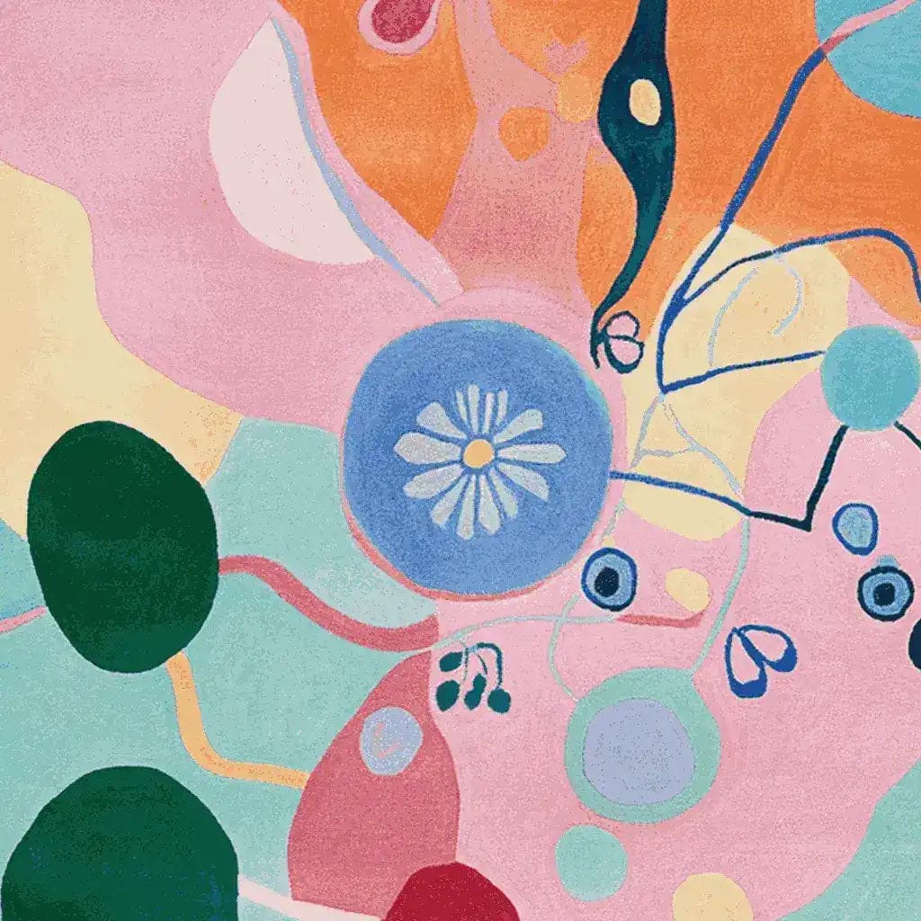 A vibrant Bloom Blaze Festival hand-tufted area rug featuring an abstract design with floral motifs. This contemporary wool rug is perfect for adding a splash of color to living room area rugs. The intricate patterns and bold colors make it an ideal choice for area rugs for living room settings.