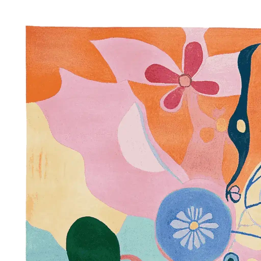 A vibrant, contemporary area rug with an abstract design featuring colorful floral and geometric shapes. Perfect for adding a splash of color to your living room, this hand tufted wool rug combines modern artistry with comfort, making it an ideal choice for area rugs in the living room.